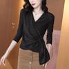 Elegant Mesh Blouse with Folded Black V-neck Women's Top