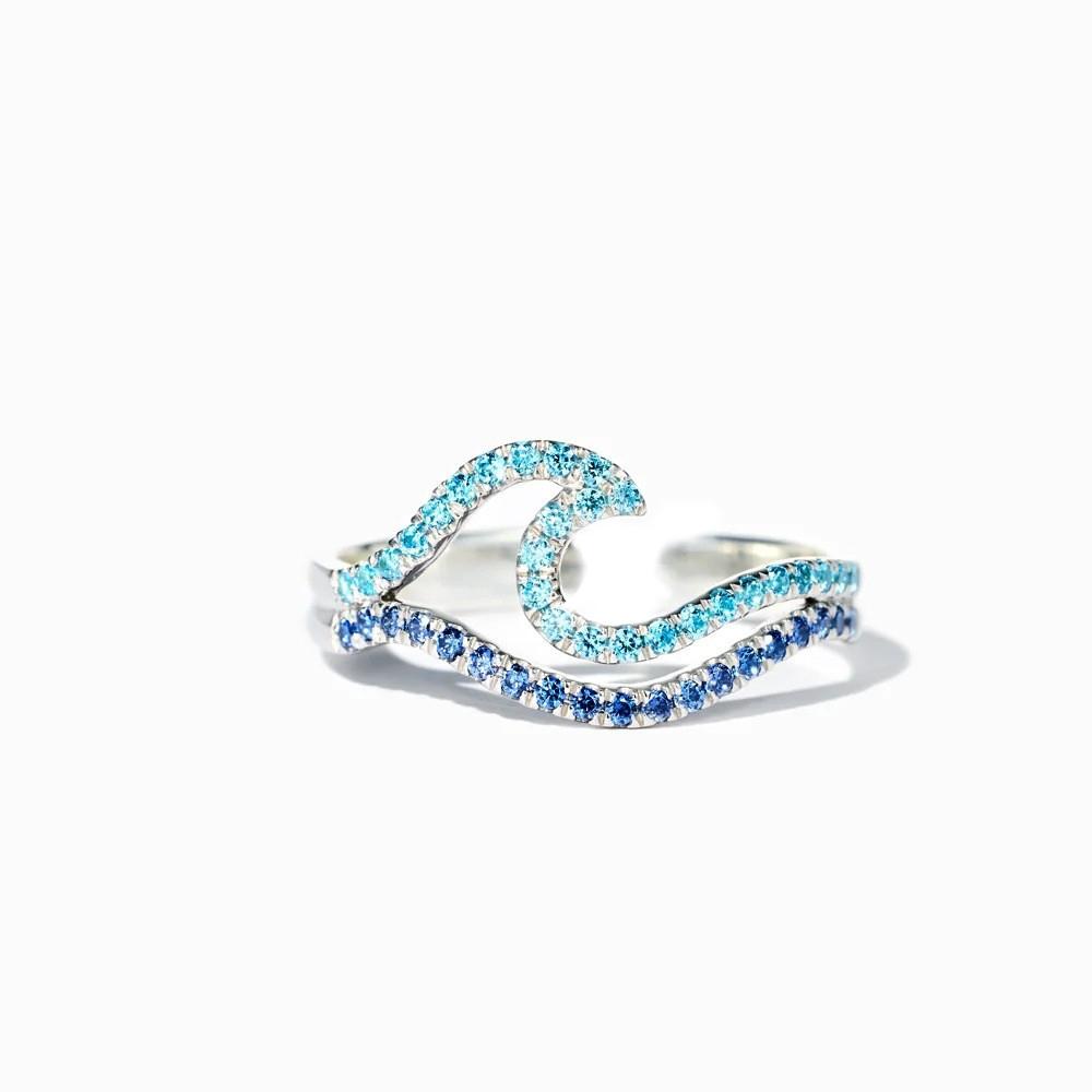Cubic Zirconia Blue Double Wave Ring Simple Design Sea Wave Adjustable Rings Trendy Ocean Surf Jewelry Gift Wholesale