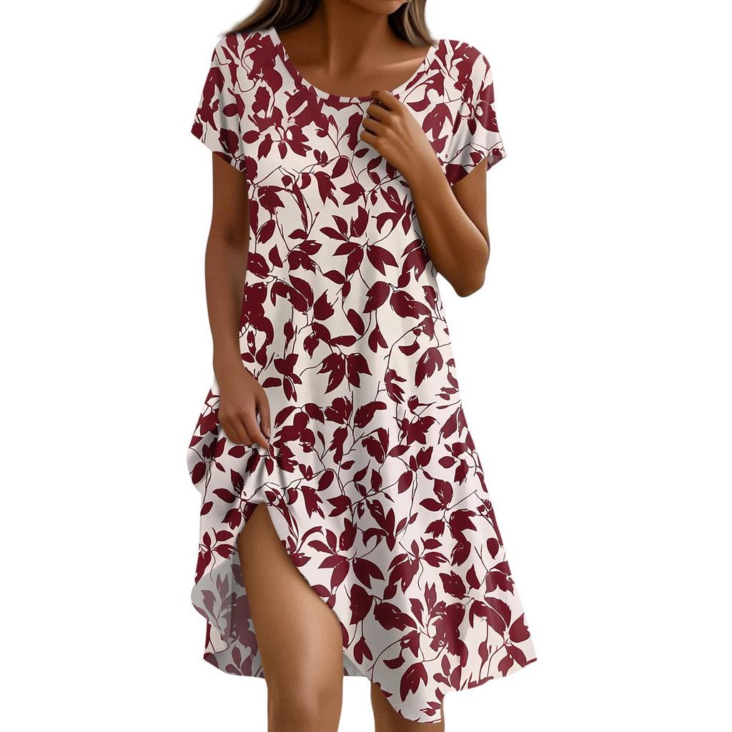 Платье в стиле бохо с коротким рукавом для женщин, повседневное, свободного кроя, сарафан с принтом, круглым вырезом, с карманами