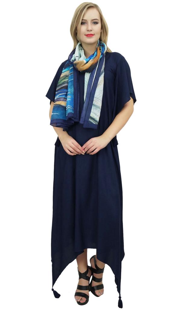 Bimba Women's Sleeve Black Asymmetrical Hem Maxi Dress with Scarf-14