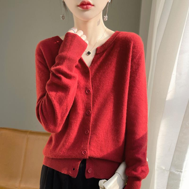Женский кашемировый кардиган с V-образным вырезом 2024 года: Универсальный свитер с длинным рукавом на весну и осень
