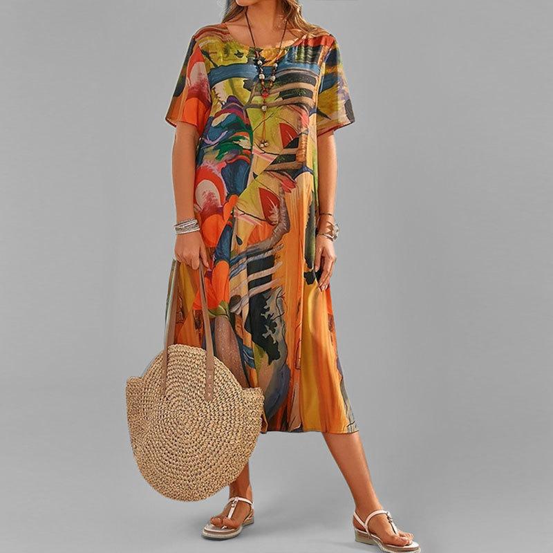 Весенняя новая женская одежда с ретро-принтом, модное повседневное длинное платье с круглым вырезом