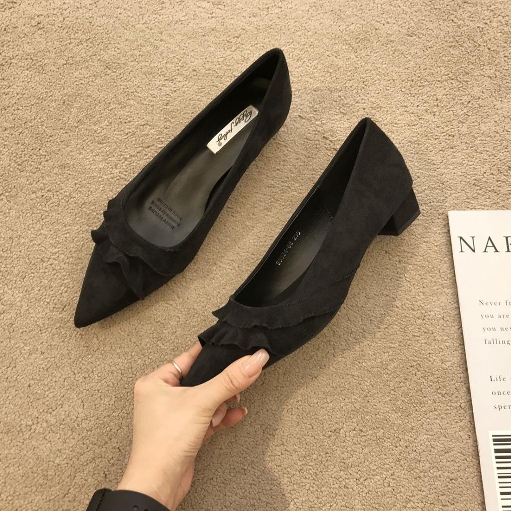 Остроносые французские туфли с открытым верхом на толстом каблуке из замши, женские 2025, новая мягкая подошва, универсальные, для юбки, для работы, вечерние туфли