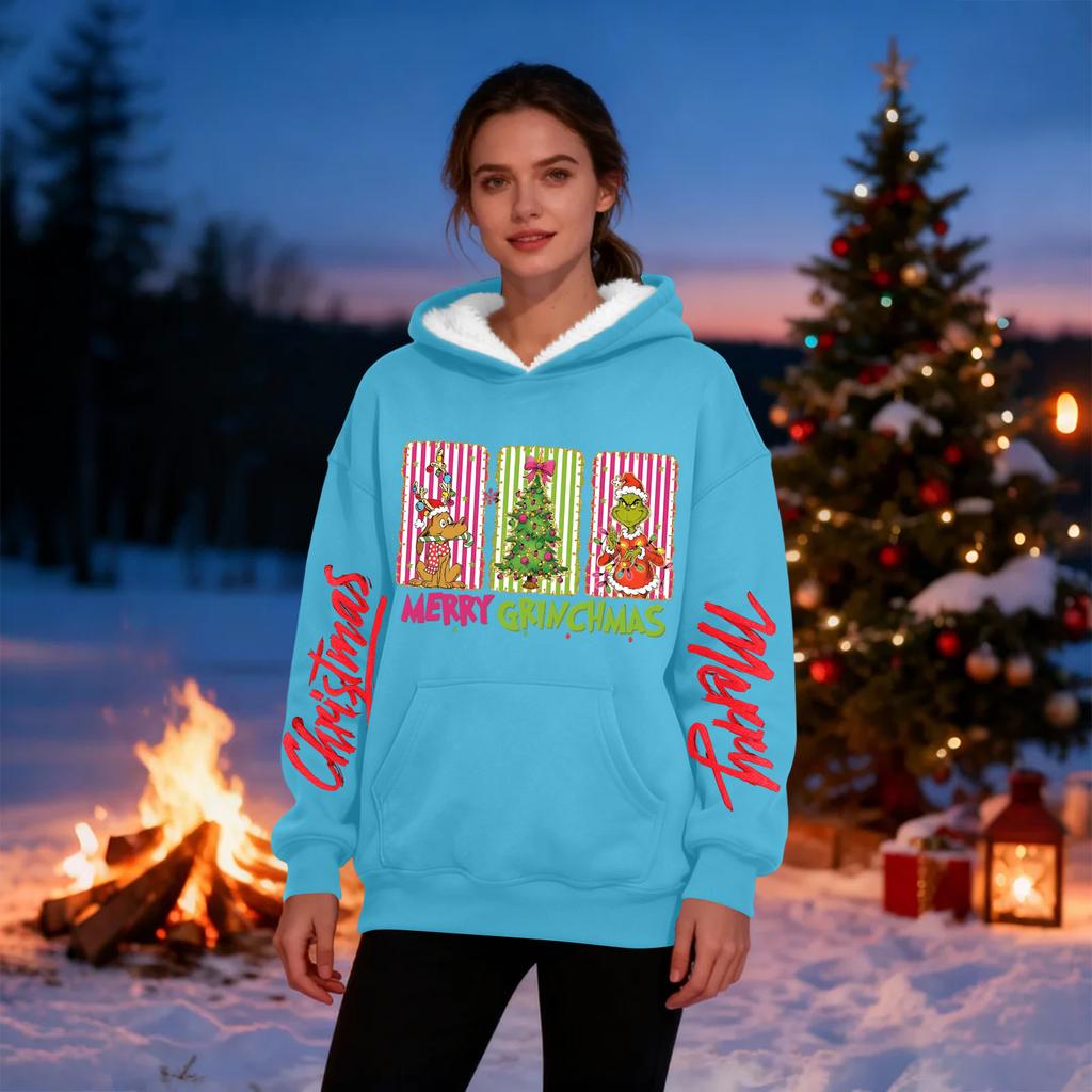 Женская повседневная модная толстовка с капюшоном большого размера, утепленная флисом, с рождественским принтом