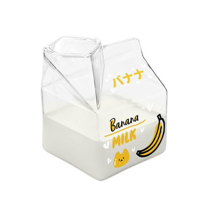 1PC Cute Square Breakfast Cups Kawaii Bottle Milk Carton Clear Wine Container Glass