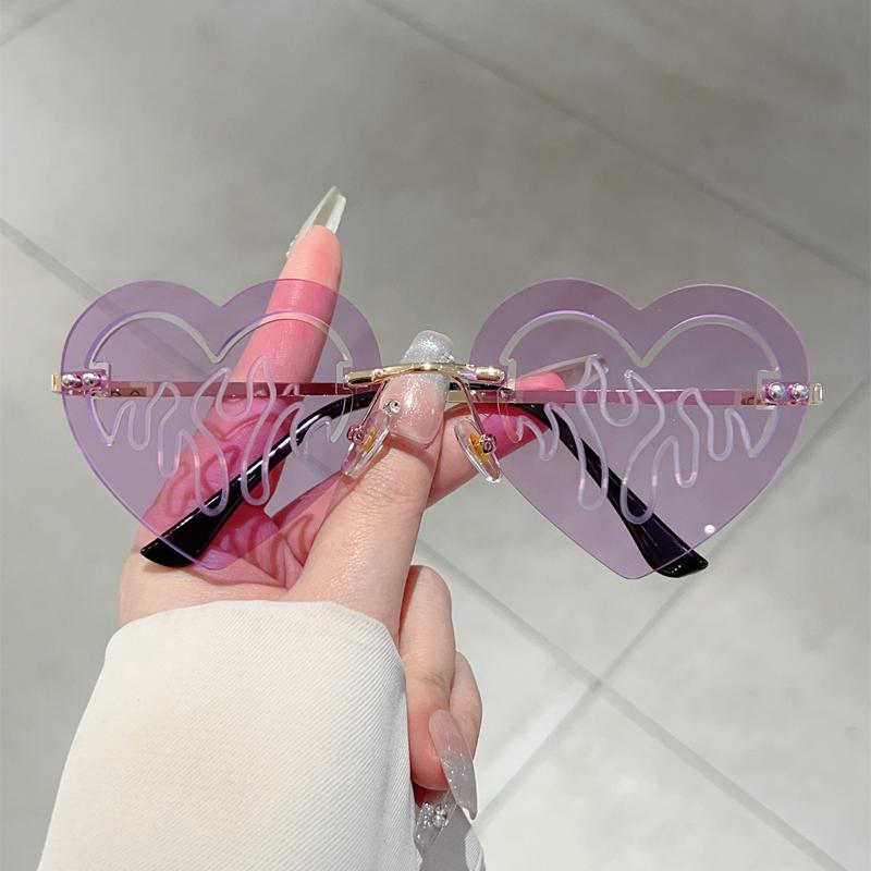 Rimless Heart Shaped Sunglasses Fashion Cute Hollowed Decor Rave Shades Women Trendy Brand Design Vacation Sun Glasses