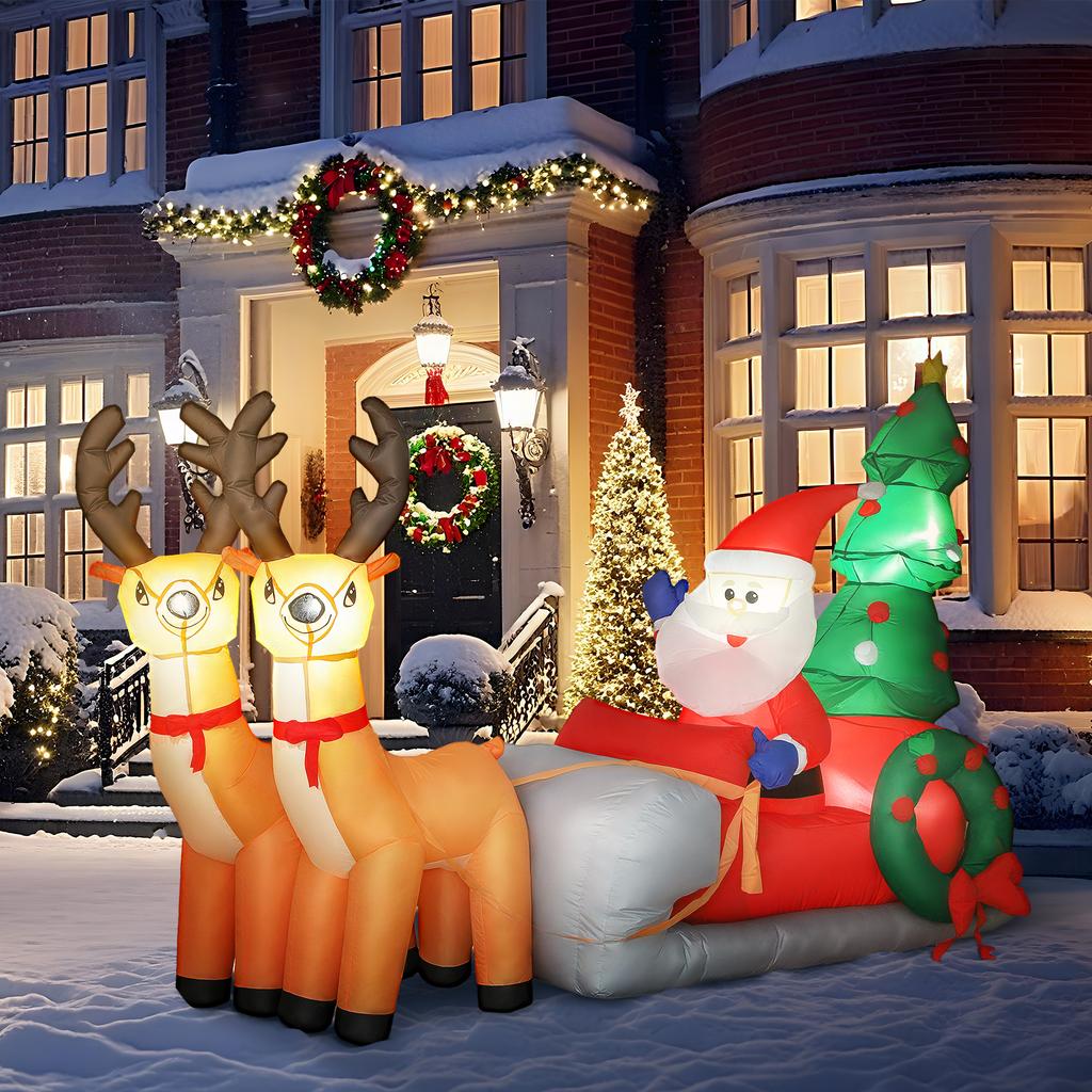 Inflatable Santa Claus with Sleigh and Inflatable Christmas Reindeer with LED Lights for Outdoor and Indoor Use 216x90x150 cm
