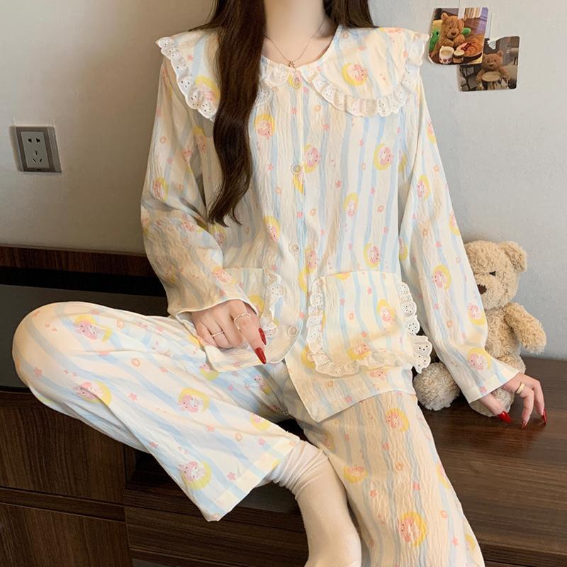 New cartoon lace doll collar cloud cotton long-sleeved pajamas women's spring and autumn winter sweet wind loungewear