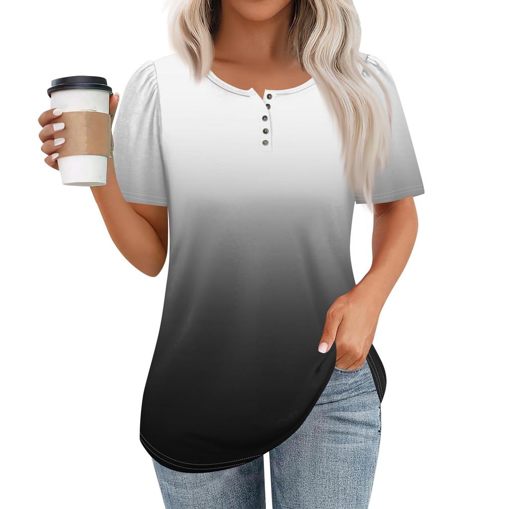 Женский модный повседневный короткий рукав пуловер с принтом на пуговицах и круглым вырезом