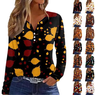 Жен. Футболка Футболка на пуговицах с длинным рукавом Повседневные Выходные Мода Классический Топ с v-образным вырезом Обычный