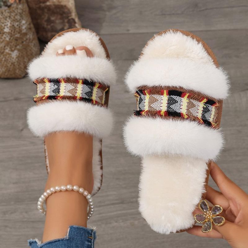 Fashion 2024 French Winter Ladies Slippers Non-slip Comfortable Flat Women Shoes Home Warm Women Fur Slippers Versatile Zapatos De Mujer