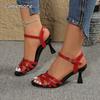 Мода Размер 34-45 PU Кожа Женские Босоножки на Шпильке Летние Круглый Носок Перекрестный Ремешок Противоскользящие С Открытым Носком Высокий Каблук Сандалии Женские