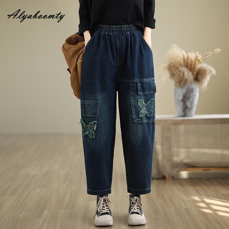 Корейский стиль осень-зима женские джинсы-бабочки с высокой талией повседневные свободные аппликации джинсовые брюки темно-синие черные винтажные джинсы