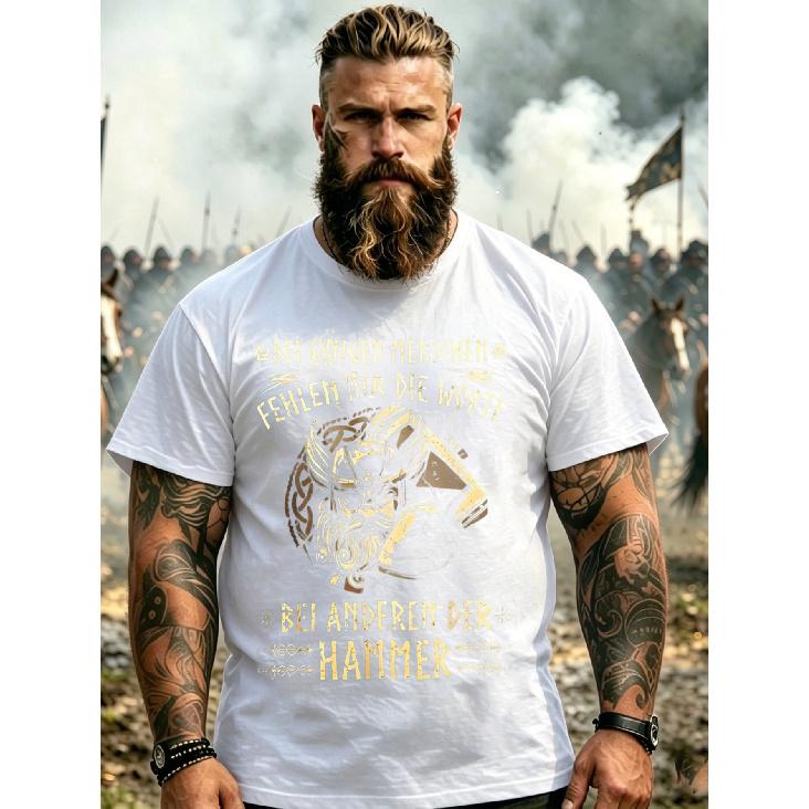 Men'S Black T-Shirt With Viking Warrior And Hammer Graphic And German Text For Outdoor And Casual Wear, Plus Size
