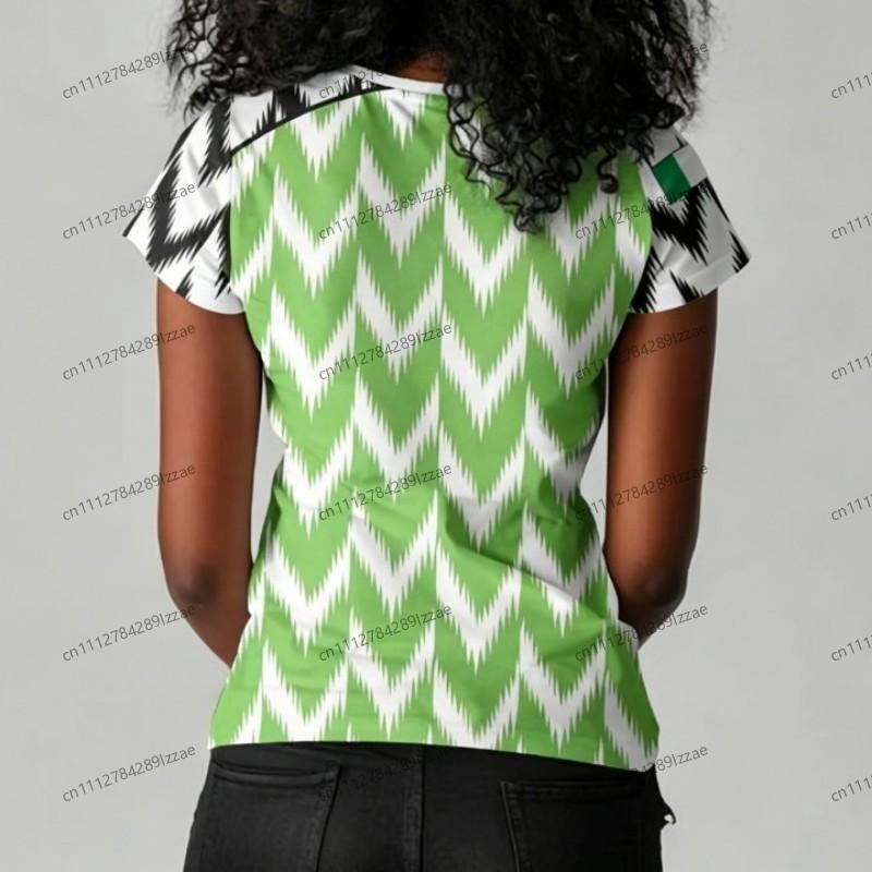 Nigeria Inspired Soccer Fan T Shirt Women Green White Eagle Pattern V Neck Short Sleeve Casual Supporter Top