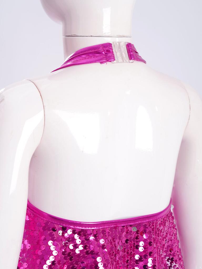 Блестящий леотард с пайетками для девочек, для джазовых танцев, халтер, без спины, с оборкой по подолу, брюки клеш, костюм для выступлений