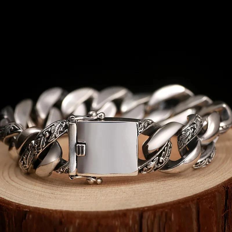 100% S925 Sterling Silver Trend Retro Fashion Cuban Charm Solid Bracelet Men's Cuff Trend Powerful Street Fashion Jewelry Gift