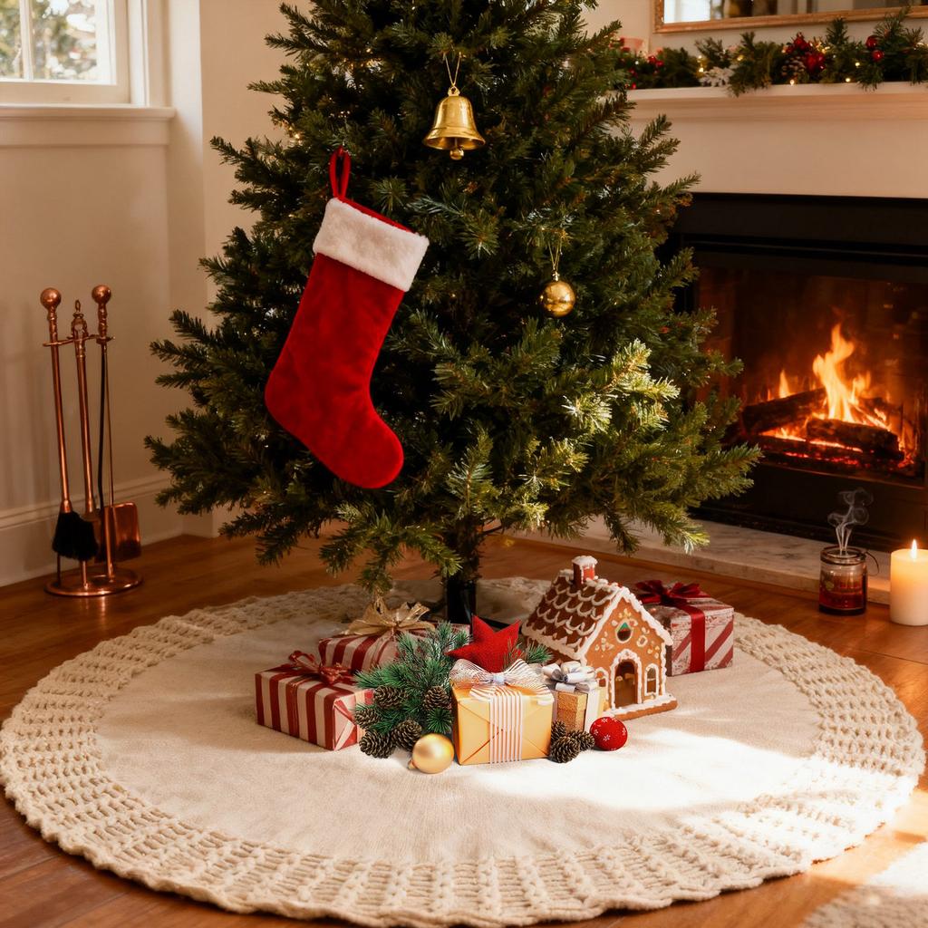 Knit Christmas Tree Skirt, Cable Knit Tree Skirt, Rustic Tree Skirt Decoration, Suitable For Christmas Trees, Foldable And Reusable