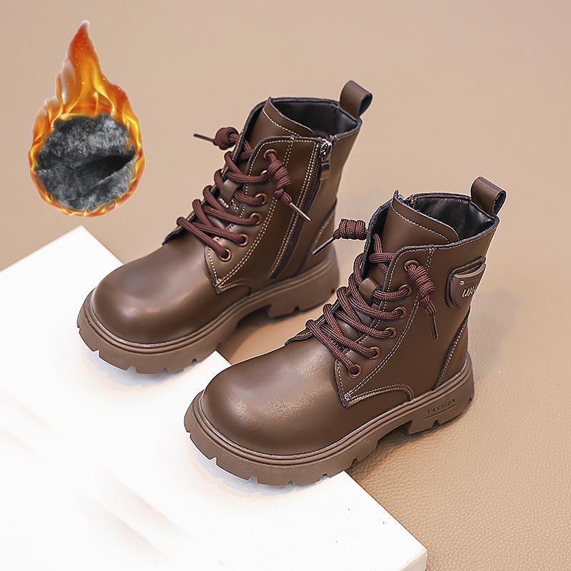 Детская универсальная модная тенденция с плюшевыми теплыми высокими хлопковыми ботинками, повседневными модными ботинками, ботинками средней высоты