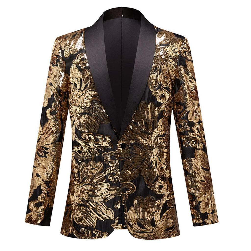 Mens Golden Patterned Sequined Blazers Suit Jacket