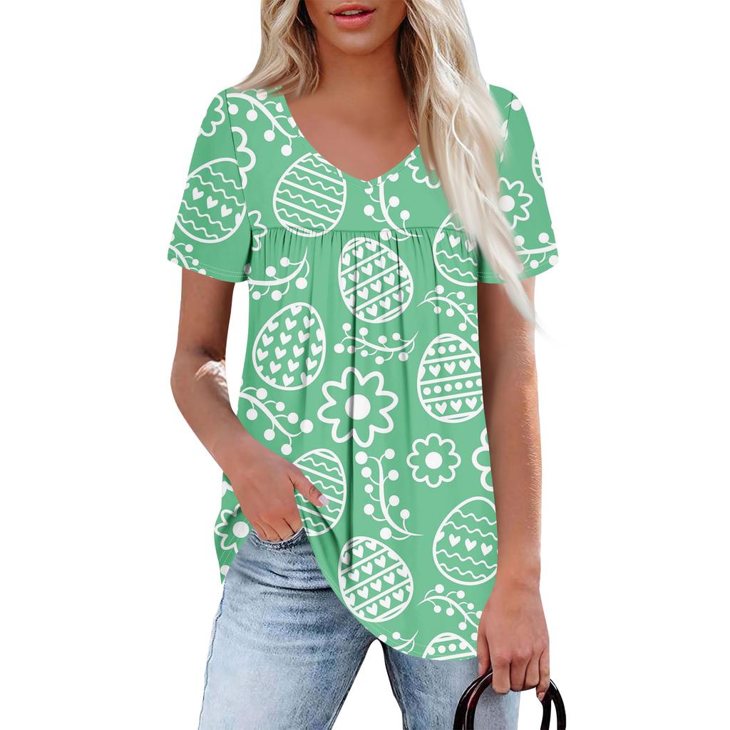 Ladies' Casual V-neck Short Sleeved Shirt With Pleated Easter Print On The Chest