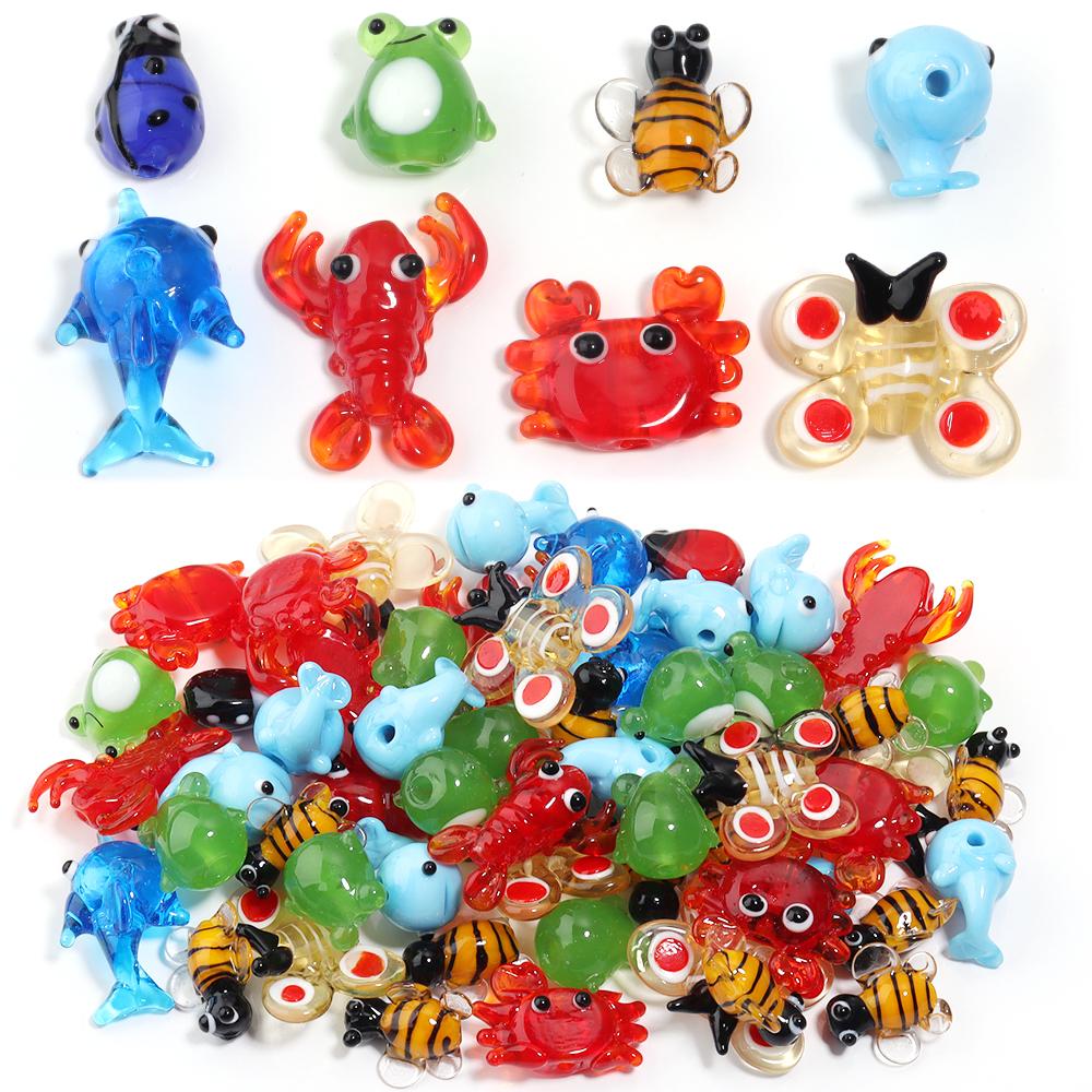 2-10pcs Colored Lampwork Beads Cartoon Crabs Shrimp Fish Animal Shapes Loose Beads For DIY Craft Jewelry Necklace Accessories