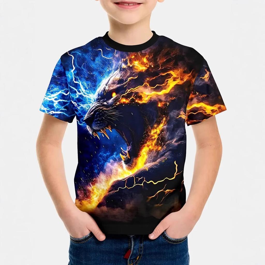 Детская футболка с 3D-принтом Детская одежда для мальчиков Летний отдых Футболка с короткими рукавами с 3D-принтом Животное Тигр Футболка