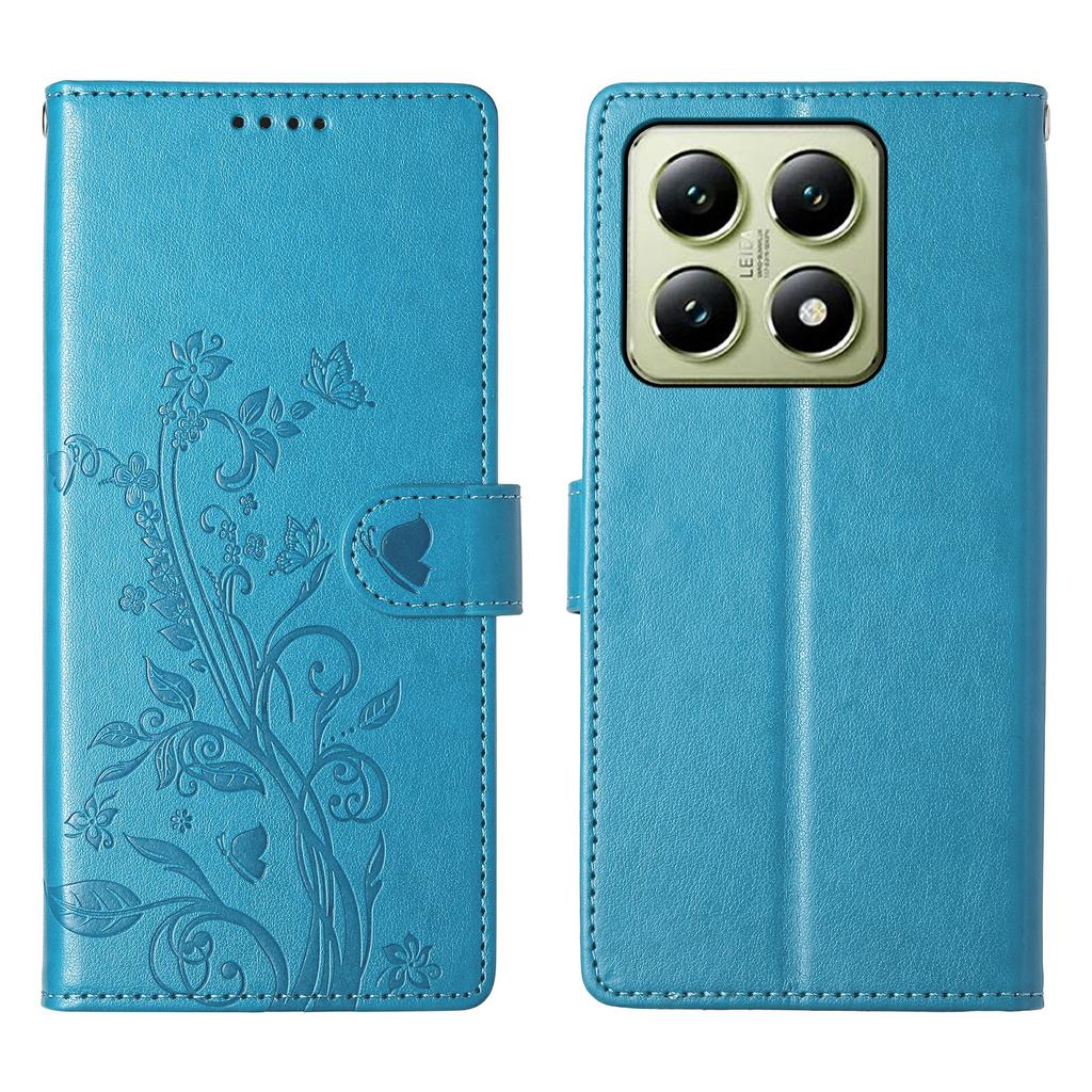 For Xiaomi 14T Wallet Case Butterfly Floral Imprint PU Leather Phone Cover with Wrist Strap