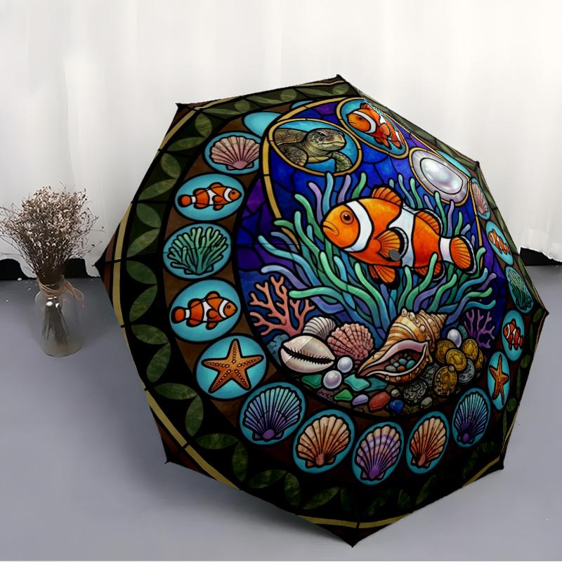 Ocean Life Glass pattern umbrella, portable and foldable design, 8 ribs, a casual accessory for Halloween, Christmas, and birthday gifts.