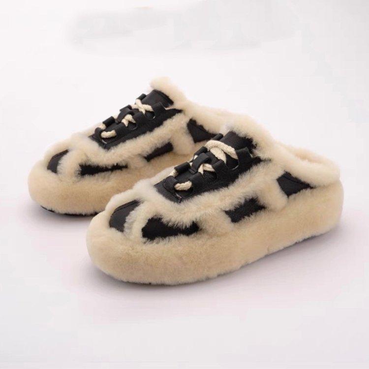 Zhao Ruth wears lamb wool thick-soled half-slippers on the same wool shoes, women's autumn and winter warm snow slippers