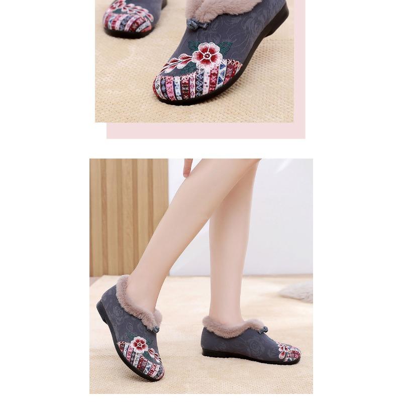 Новые женские ботинки на хлопковой подкладке с утолщенной изоляцией на плоской подошве с вышивкой для женщин среднего и пожилого возраста