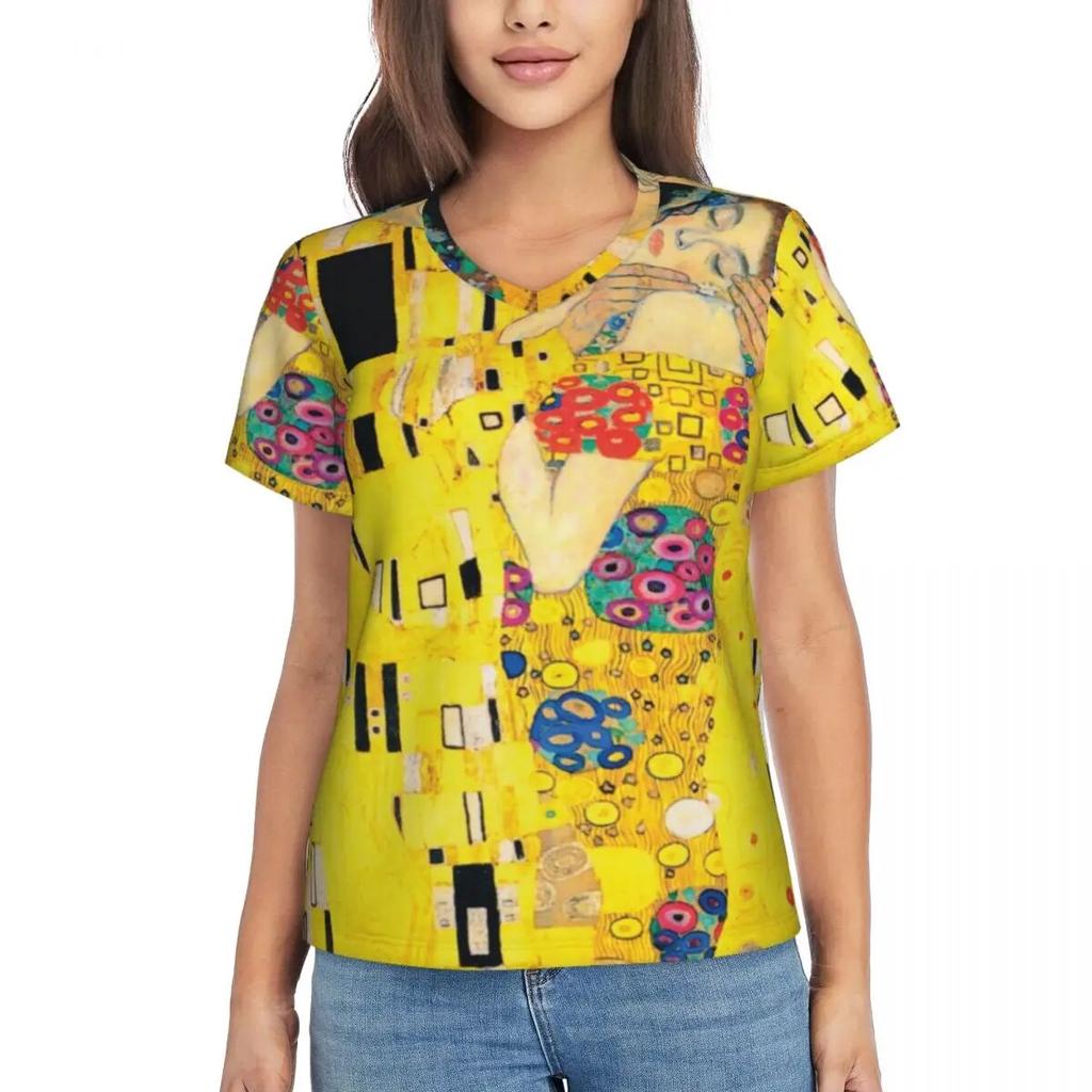 Gustav Klimt T Shirt The Kiss Hip Hop T-Shirts Women V Neck Basic Tops 2024 Beach Short Sleeve Pattern Clothes