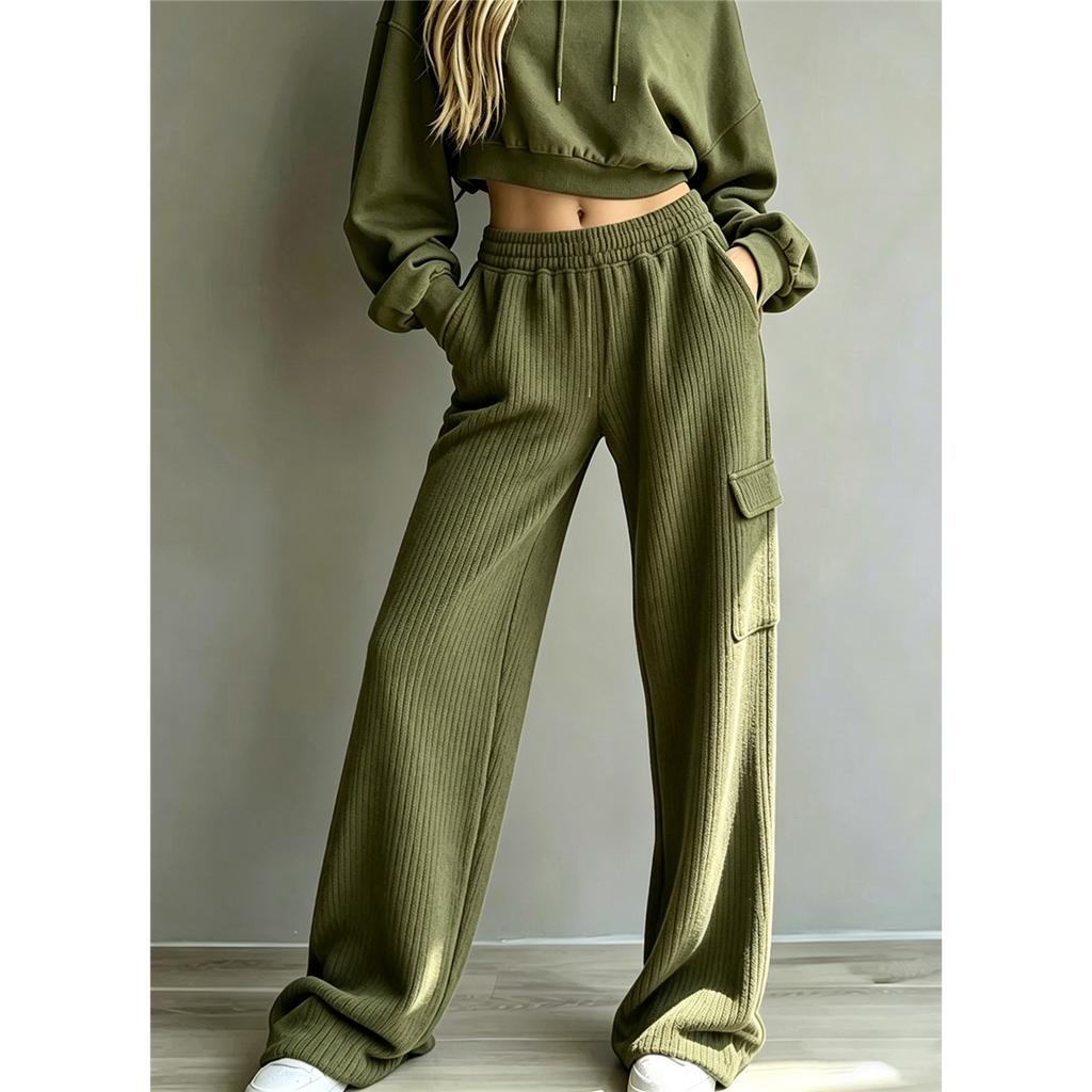 Women Waffle Knit Cargo Wide Leg Pants Elastic Drawstring High Waist Casual Sweatpants With Side Pocket