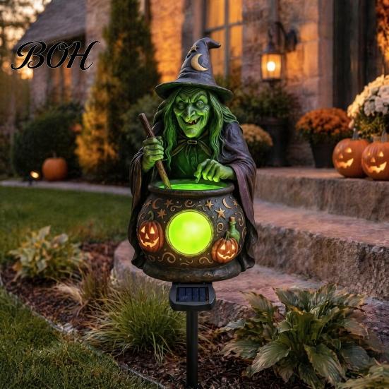 Halloween Lawn Ornaments Solar Witch Cauldron Garden Stake Light, Waterproof Resin Glowing Cute Gifts Figurine Statue, Spooky Outdoor Pathway Lamp for