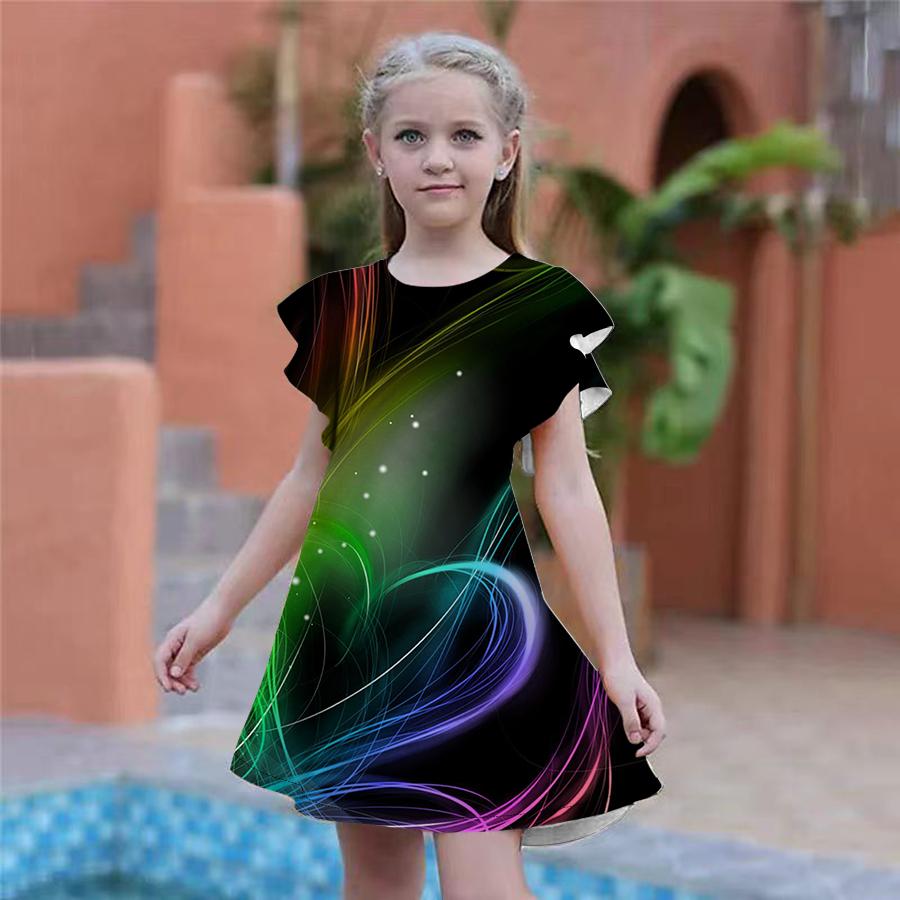 Girls Love Lines Print Dresses Kids Girl Party Dress Loose Fitting Loose Fitting Short Sleeved Skirt For Girls Over Four Years Old
