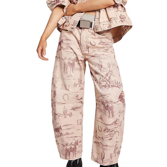 Джинсы-бочки для женщин, джинсы-бойфренды мешковатого кроя с цветочным принтом, повседневные джинсы из денима с широкими штанинами до щиколотки и средней посадкой