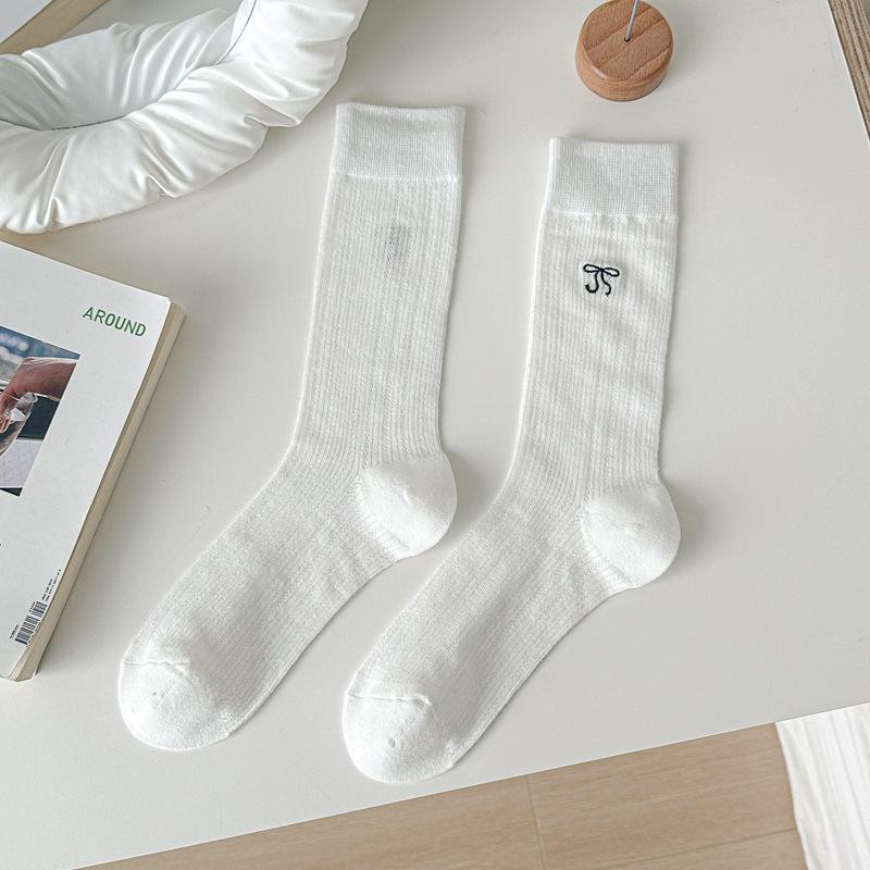 24 Spring And Summer Thin Striped Women'S Socks Bow Embroidered Medium Tube Socks Children Japanese Sweet Stockpile Socks