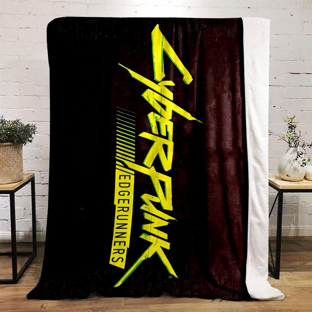 Bold yellow text "Cyberpunk Edgerunners" on a dark, glitchy background. for all seasons blanket lunch break throw gift