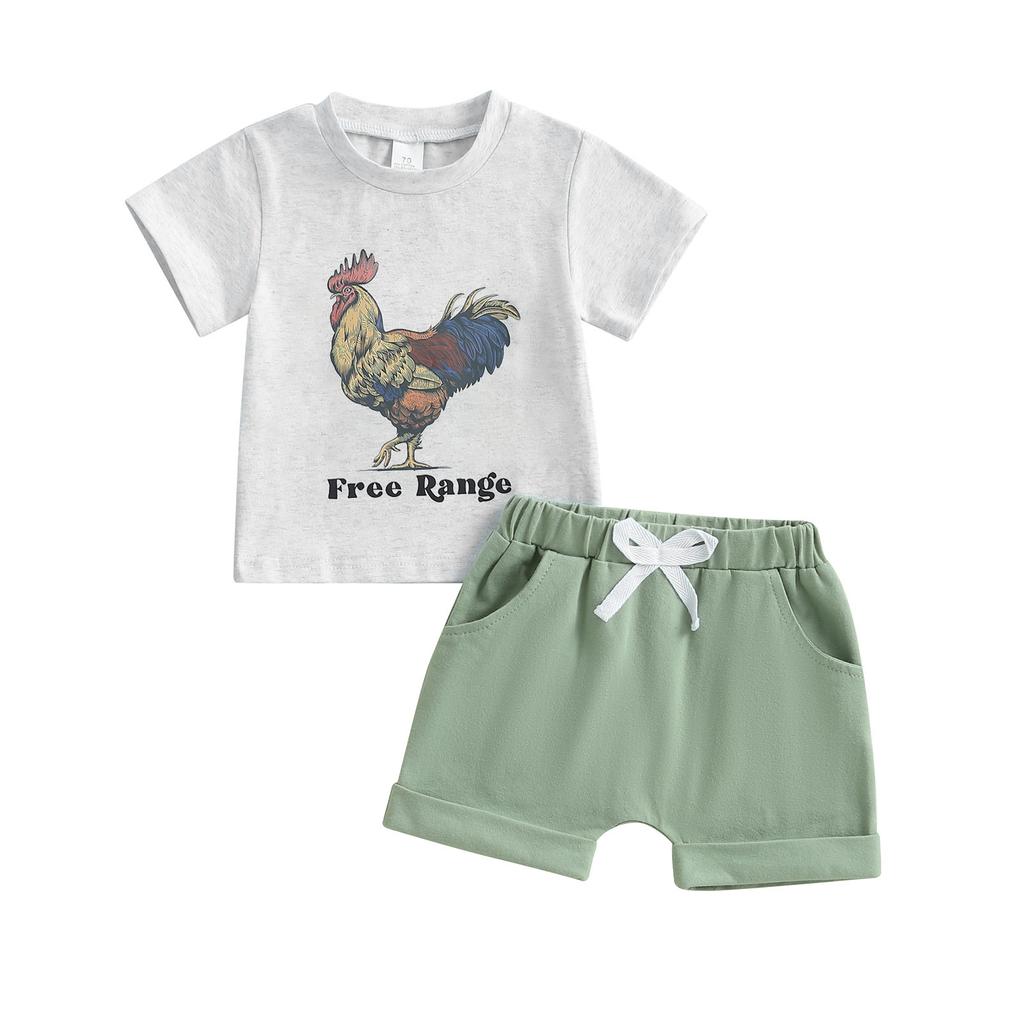 2Pcs Baby Boy Summer Outfits Short Sleeve Rooster Print T-Shirt + Shorts Set Infant Clothes