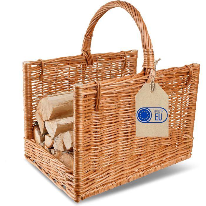 Panier à bûches - CREATIVE HOME - Cheminée - Osier 100% naturel - Poignées robustes - 45x30x47 cm
