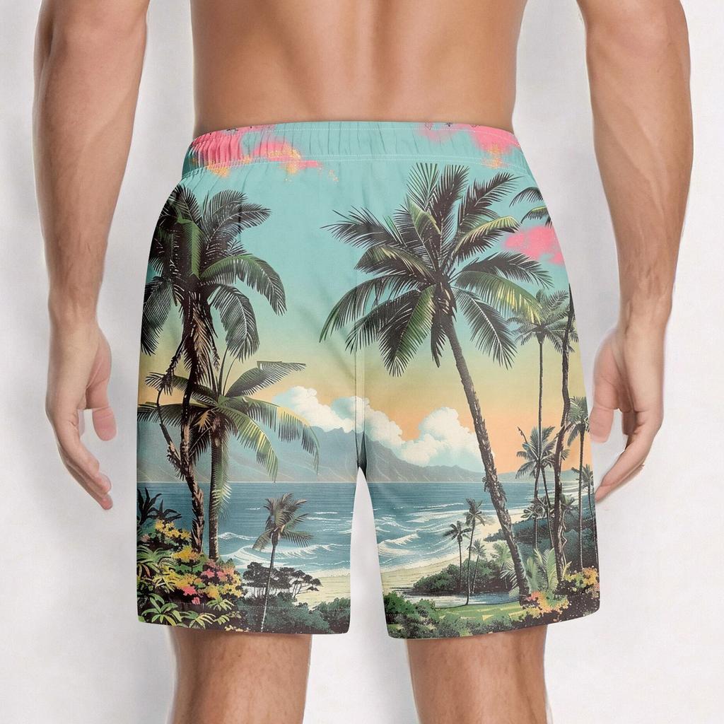 Men's Fashion Hawaiian Print Elastic-Waisted Casual Yoga Pants Beach Shorts