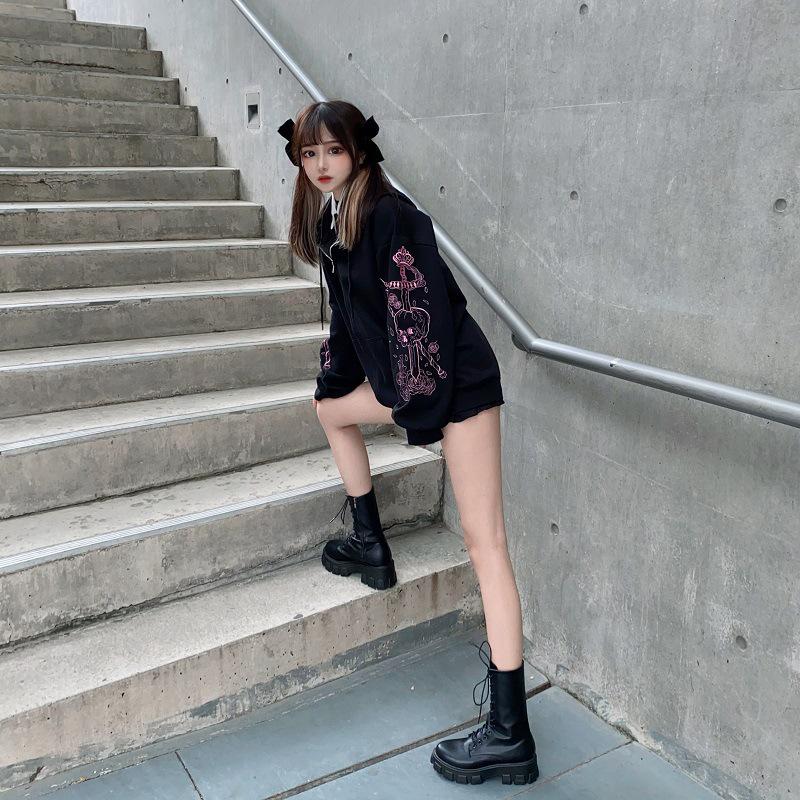 Retro Black Printed Zipper Hoodie: Women's Korean, European, & American Style Sweatshirt