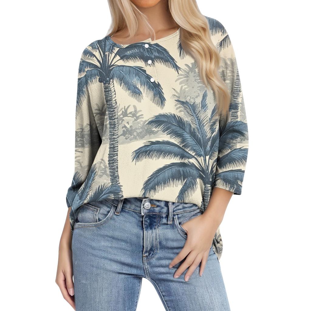 Women's T Shirt Tee Print Button 3/4 SleeveDaily Weekend Fashion Basic V- Neck Regular Top