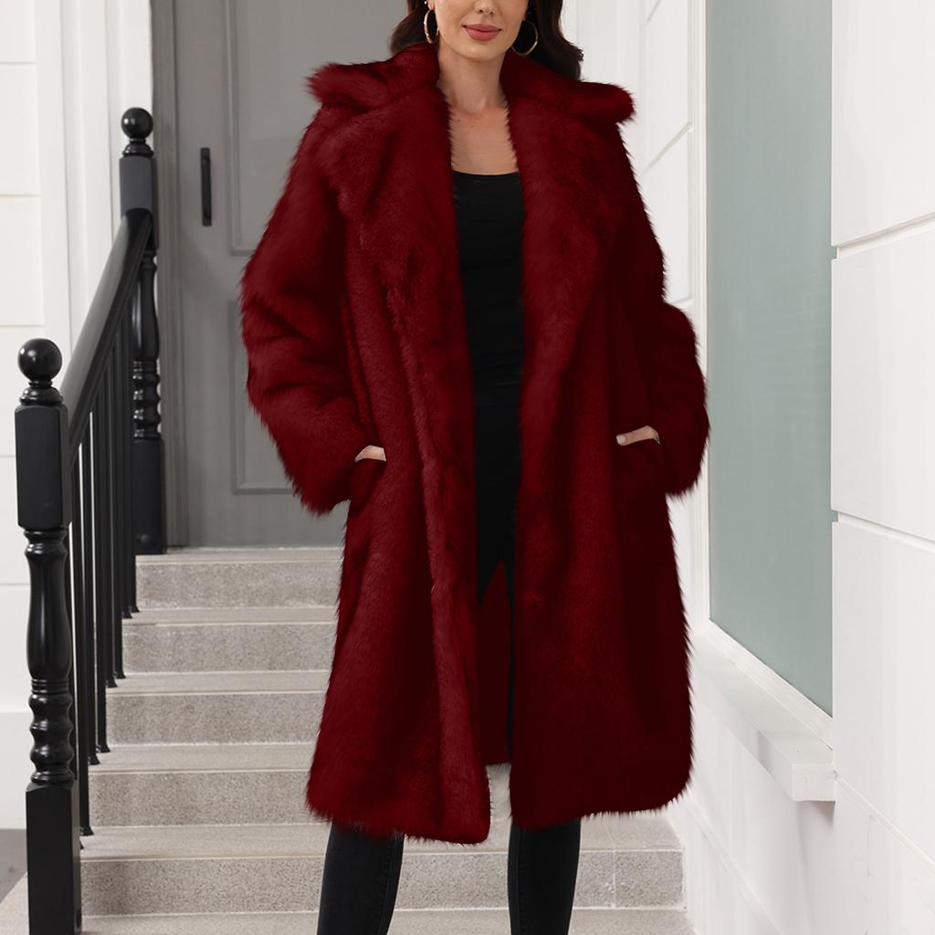 Women's Fashionable Warm Long Sleeve Solid Color Furry Long Coat With Turned Collar
