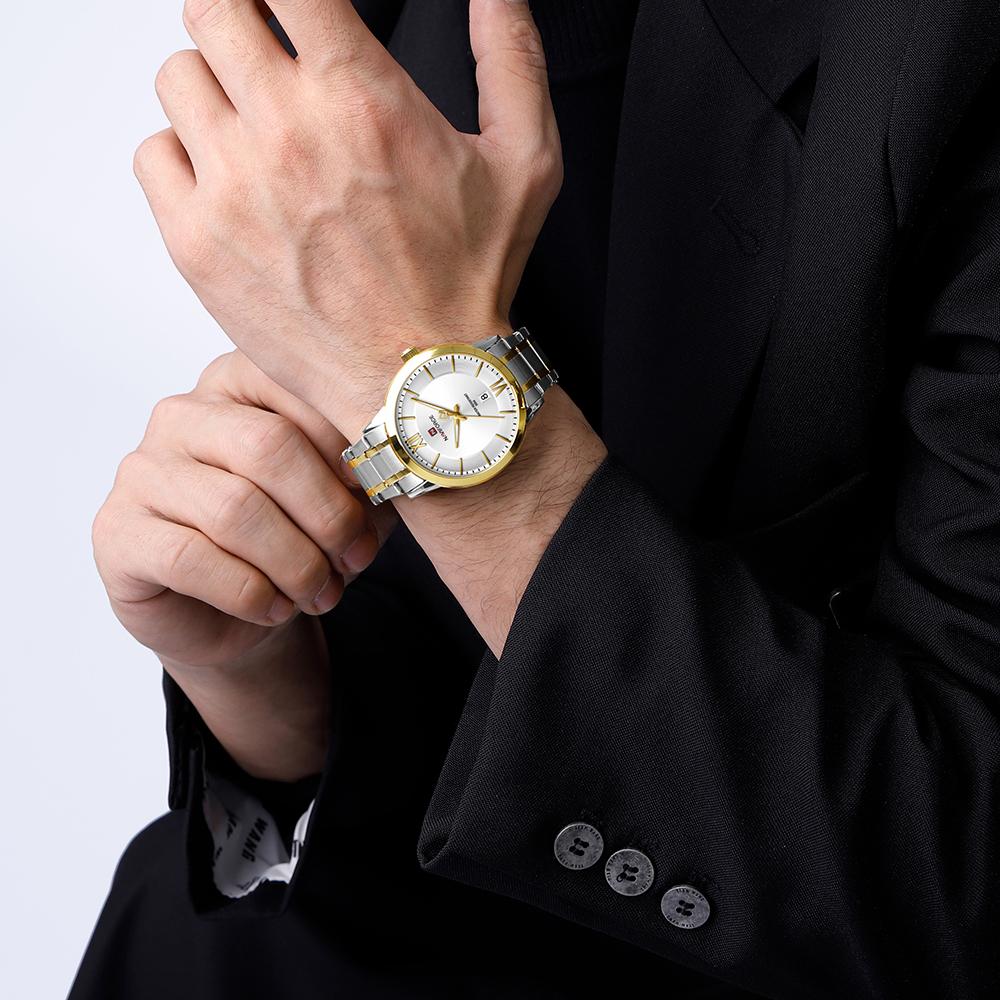 Naviforce Оригинальные простые кварцевые часы для мужчин, календарь, ремешок из нержавеющей стали, водонепроницаемость 3 АТМ, люминесцентные стрелки, деловые повседневные мужские часы NF9254