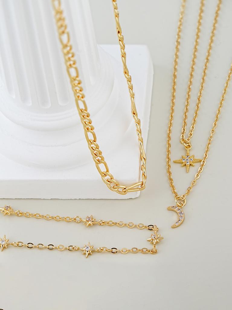 Elegant Cubic Zirconia Star & Moon Pendant Multilayer Necklace, Gold-Tone Chain Suitable For Women's Daily Wear, Party, Festival