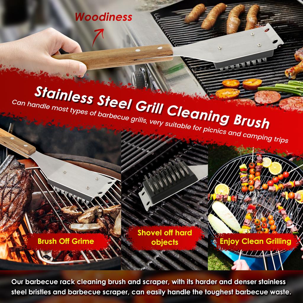 2 шт. Щетка для барбекю 15 дюймов Набор щеток для барбекю Эффективная уличная щетка для чистки гриля с деревянной ручкой и скребком для чистки гриля