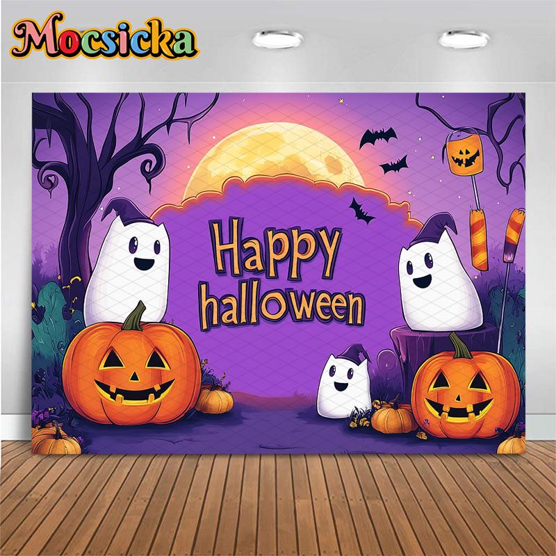 Mocsicka Happy Halloween Background Photography Pumpkin Ghost Party Purple Photo Backdrop Night House Bat Tree Decoration Banner