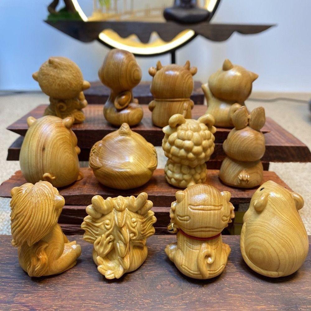 Twelve Zodiac Wood Carving Miniature Ornaments Wood Little Animal Model  Home Decoration