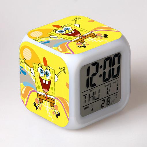 Cartoon SpongeBob SquarePants Alarm Clock Children's Gifts Color-changing Colorful Alarm Clock Square Clock Bedside Clock